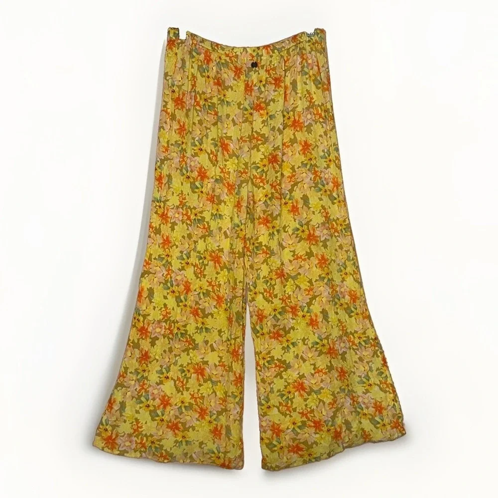 Rip Curl Yellow Floral Gauzy Palazzo Pants Womens L Wide Leg Boho Beach 30x25